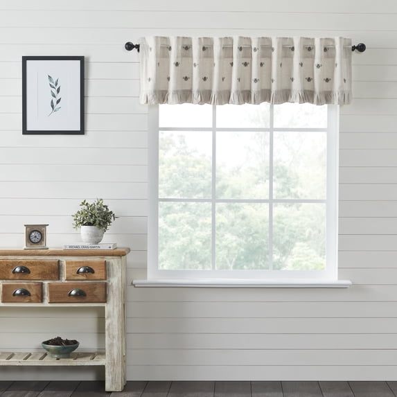 VHC Brands Embroidered Bee, Farmhouse Window Valance Curtain, Ruffled, Creme Yellow Grey, 16x90