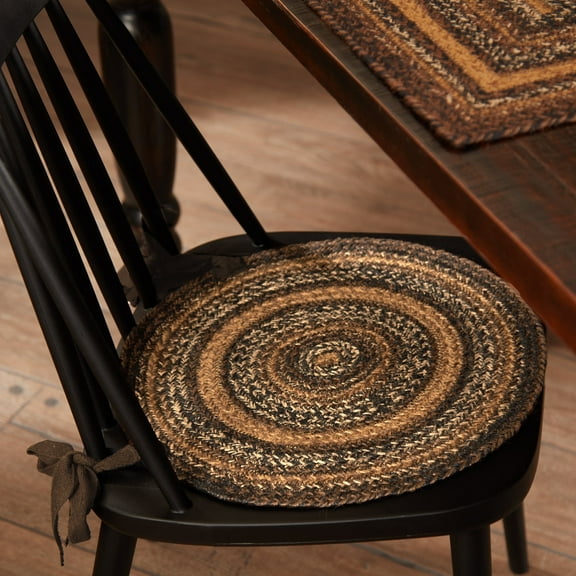 VHC Brands Espresso Round Seat Cushion Chair Pad, Brown Black Tan, Jute Blend with Ties, 15x15 Inches