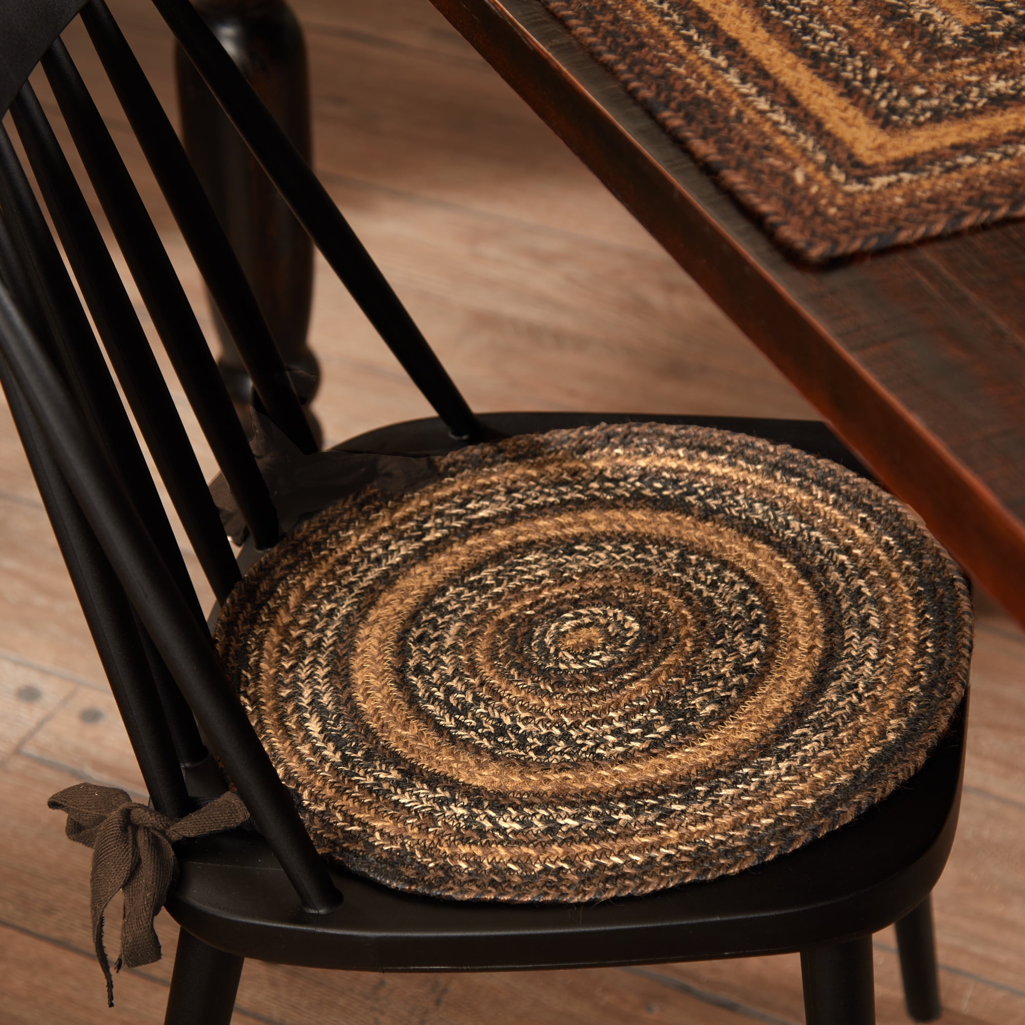 Espresso Brown and Black Jute Round Chair Pad with Ties, 15 Inches