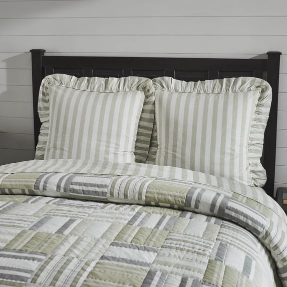 VHC Brands Finders Keepers Ruffled Fabric 2 Piece Euro Sham for Pillows Tan White Striped Farmhouse Cottage Bedding 26x26 Set of Two