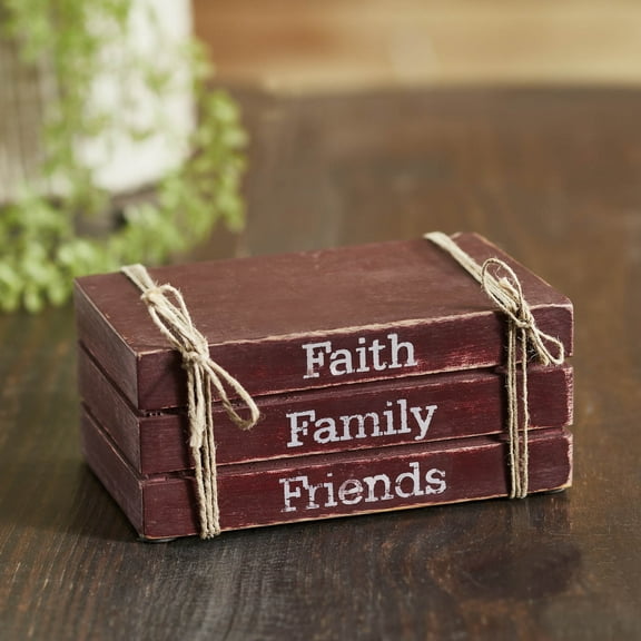 VHC Brands Faux Book Stack for Table Office Bookend Wooden Religious Decor, Faith Family Friends, 2.5x6x4