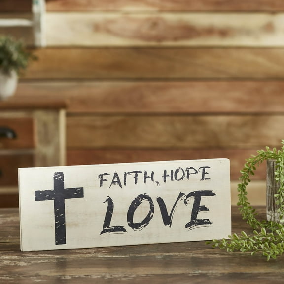 VHC Brands Faith Hope Love Wooden Sign 5.5x14.5, Easter/Spring Decor, Dining Room Entry Living Room Sign, Painted, Spring In Bloom Collection, Rectangle 5.5x14.5, Faith Hope Love Cross, Light Tan