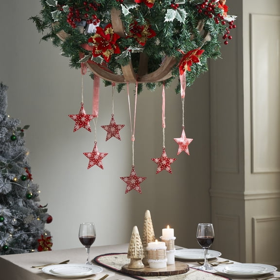 VHC Brands Falling Snow Red Star Metal Ornament Set of 6 - 4 inch