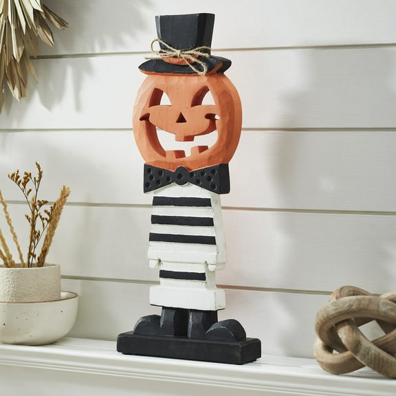 VHC Brands Fancy Wooden Jack-O-Lantern, Fall and Halloween Home Decor for Tables and Shelves, Indoor Decorations for Tabletop Pumpkin Orange, Deep Black, Bright White, 7.5x17.5