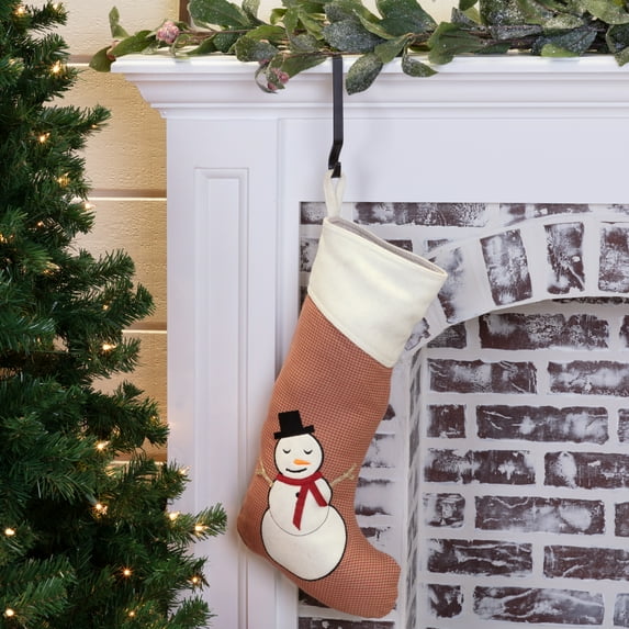 VHC Brands Farmhouse Apple Red Graphic/Print Cotton Let It Snow Christmas Decor Snowman Fabric Loop Appliqued Textured 20x11 Stocking