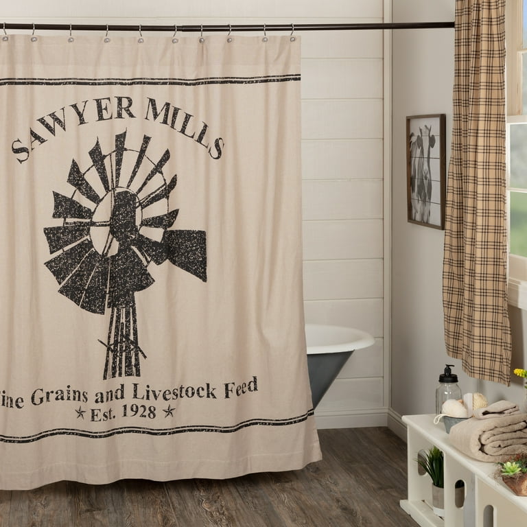 VHC Brands Farmhouse Bath Sawyer Mill Tan Shower Curtain 72x72 Charcoal Windmill