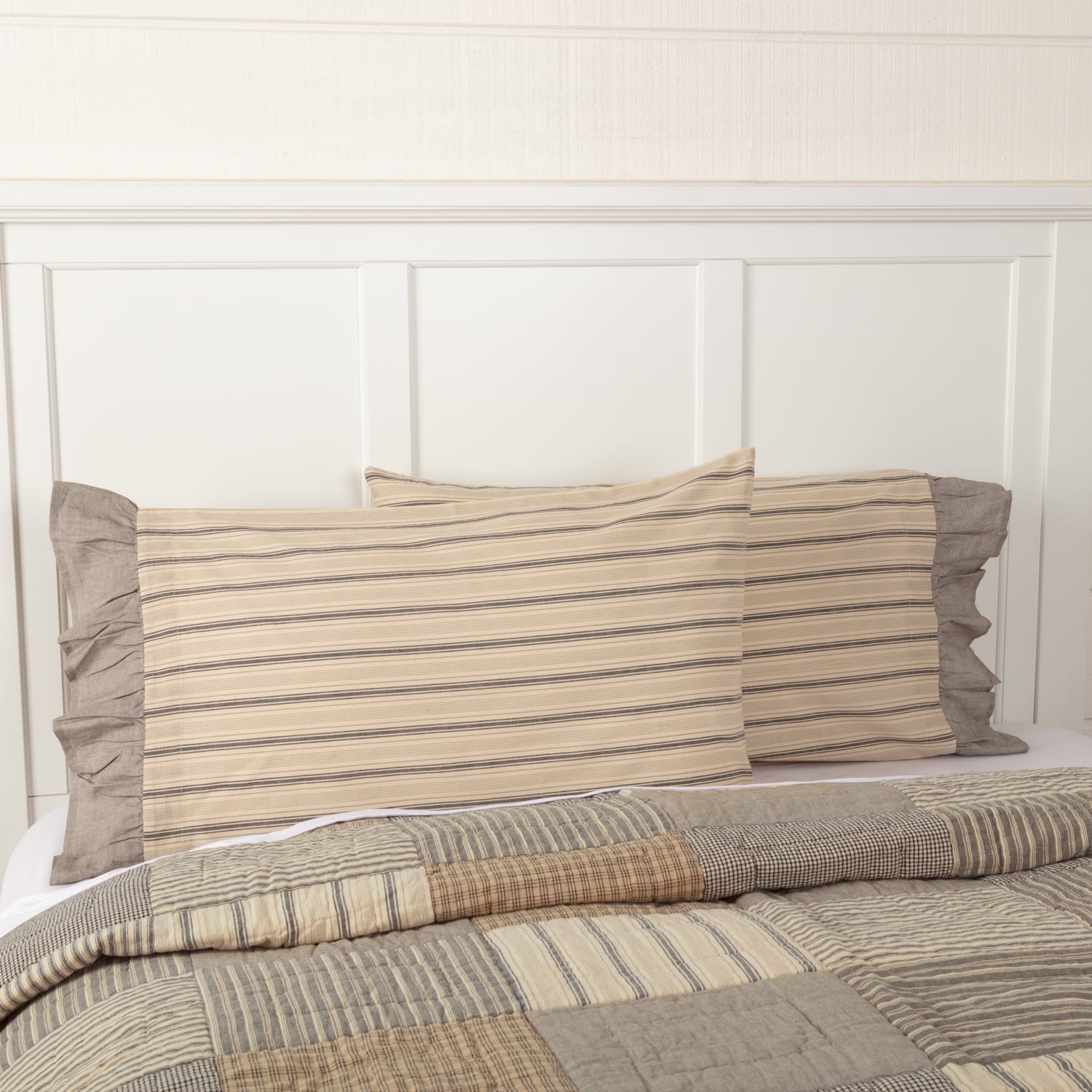 Standard Charcoal and Creme Cotton Striped Pillowcase Set