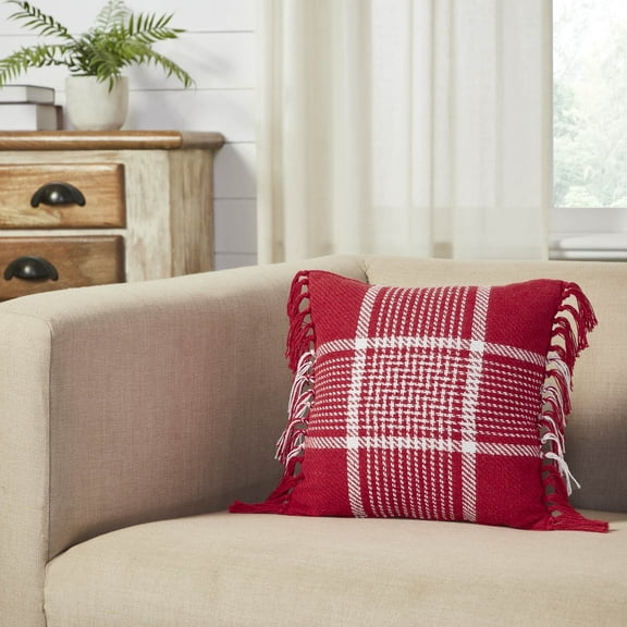VHC Brands Farmhouse Christmas Decorations Eston Red White Plaid Pillow Fringed 12x12