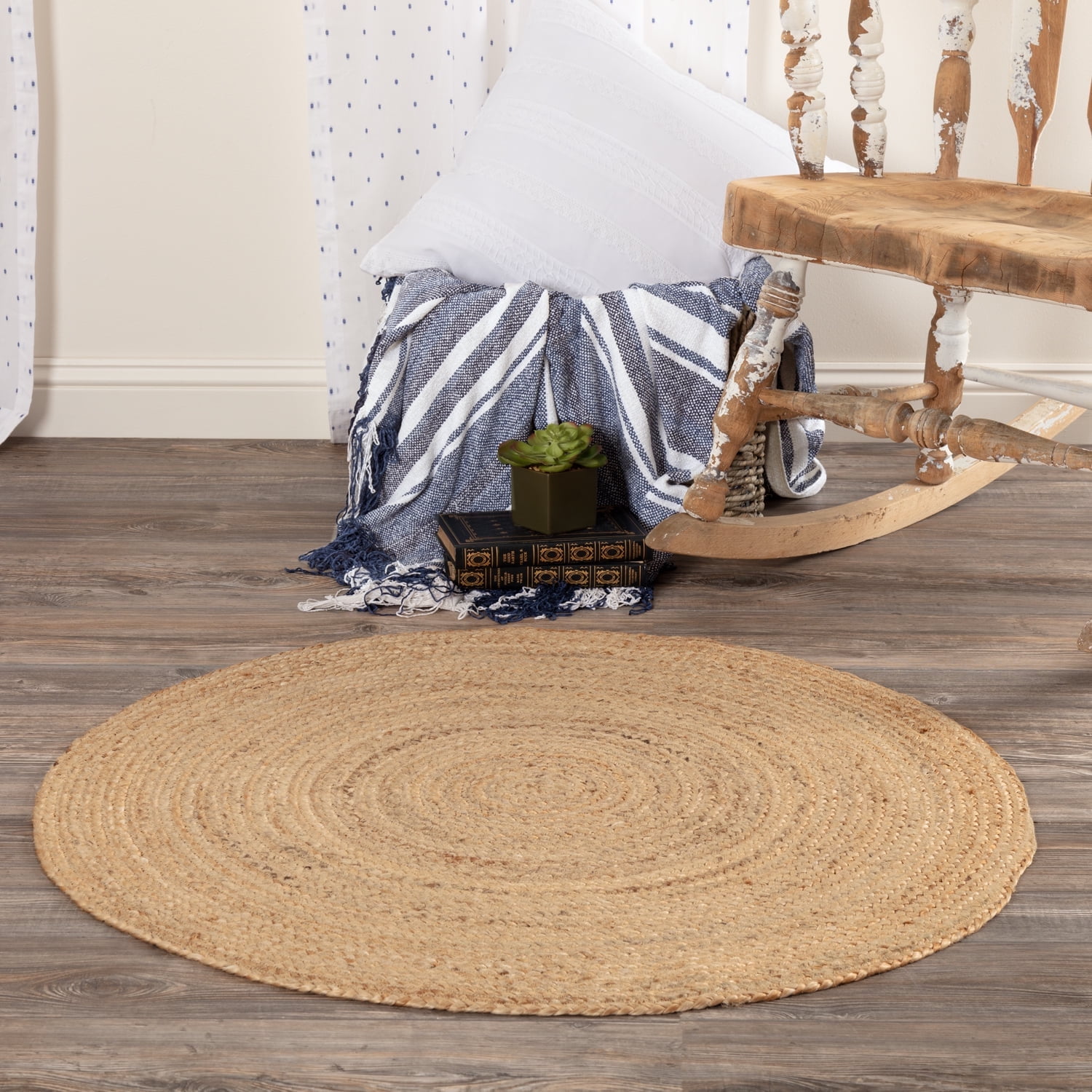 VHC Brands Farmhouse Coastal Flooring Harlow Natural Jute Area Rug w/Non-Slip Pad- 3' Round, Tan