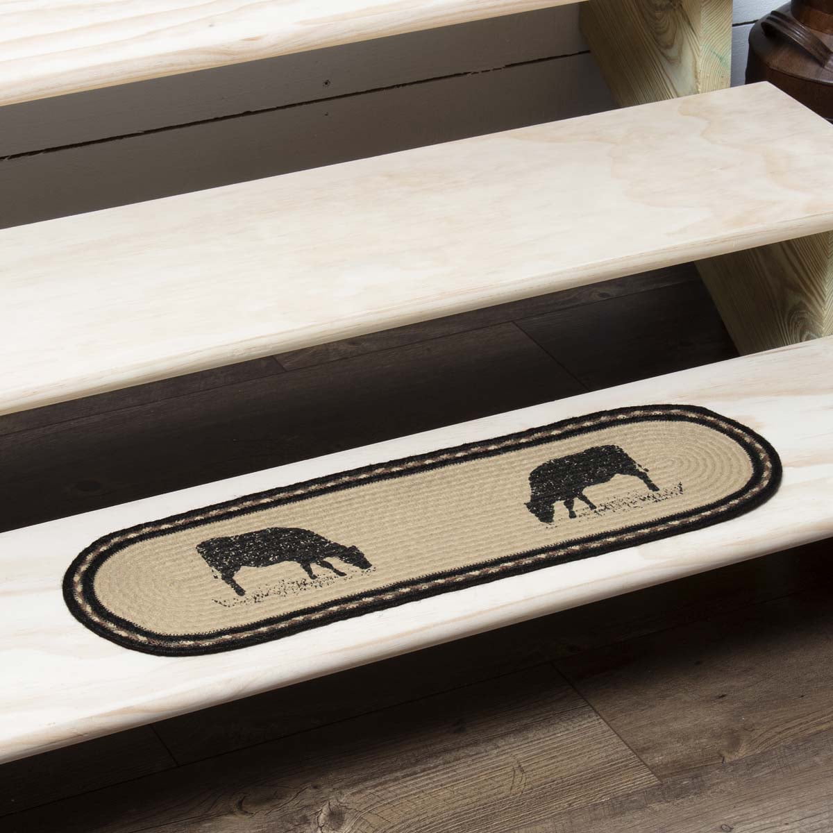 VHC Brands Farmhouse Flooring Miller Farm Charcoal Cow Jute Latex Backing Stenciled Nature Print