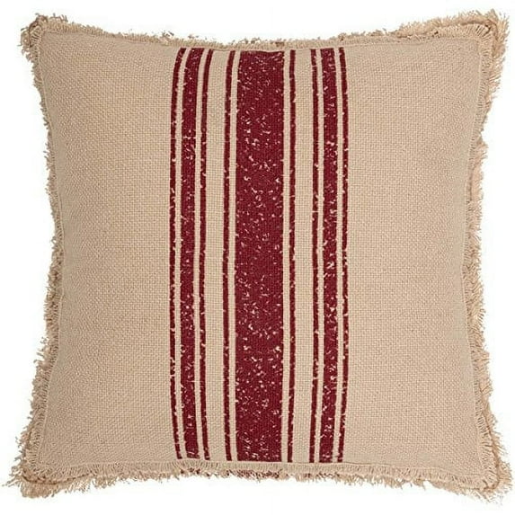 VHC Brands Farmhouse Holiday Pillows & Throws-Vintage Burlap Stripe White 18" x 18" Pillow, Red