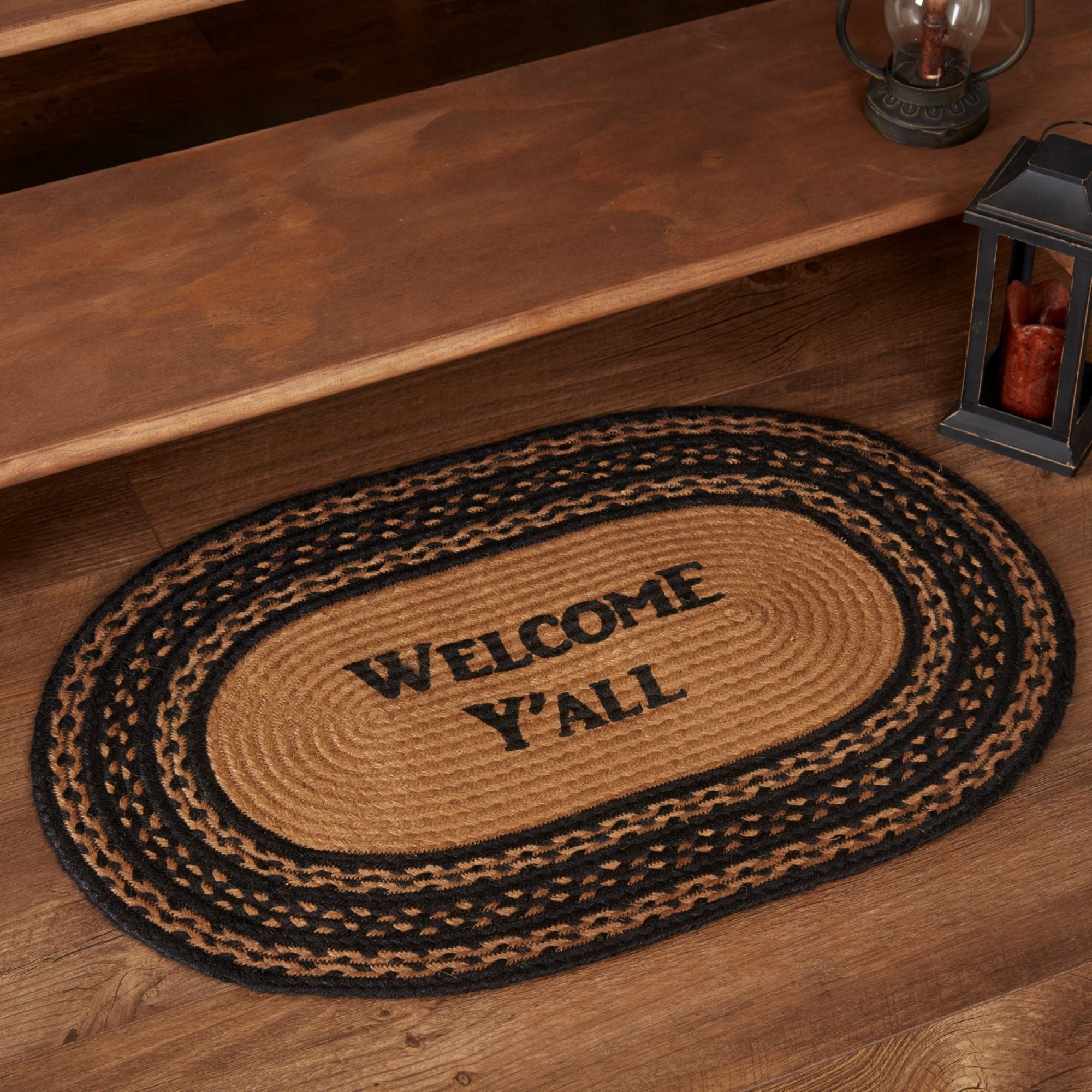 VHC Brands Farmhouse Jute Black Stenciled Accent Rug Oval Welcome Y'all w/ Floor Pad 20"x30"