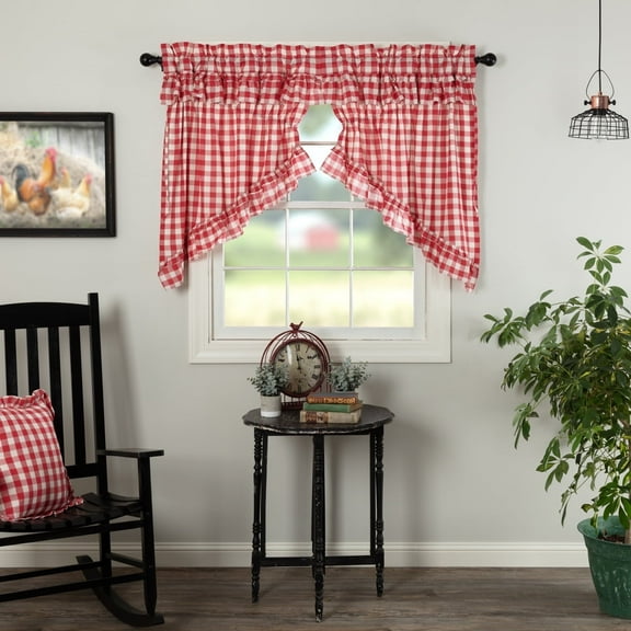 VHC Brands Farmhouse-Kitchen Annie-Rod Pocket Cotton Drawstring Ties Ruffling Buffalo Check-Curtain, Prairie Swag Set 36x36x18, Red