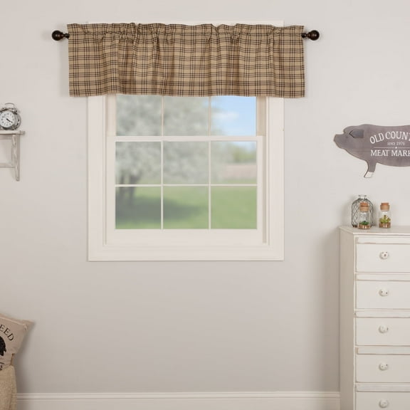 VHC Brands Farmhouse Kitchen Window Curtains-Sawyer Mill Tan Valance, 16x72, Charcoal Black