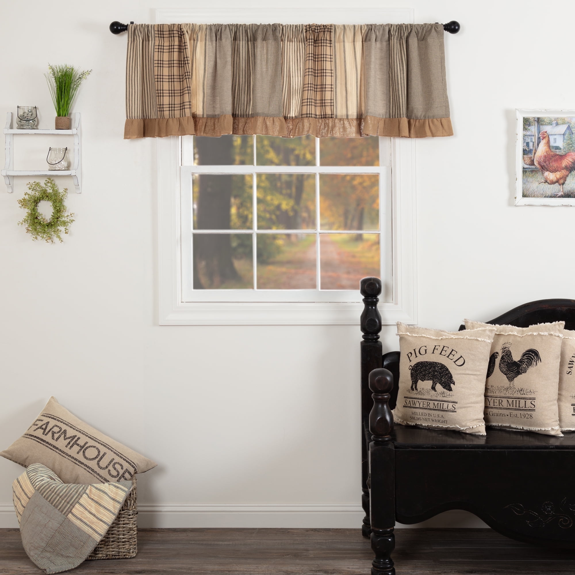 VHC Brands Farmhouse Kitchen Window Sawyer Mill Patchwork Curtain, Valance 19x90, Charcoal Grey
