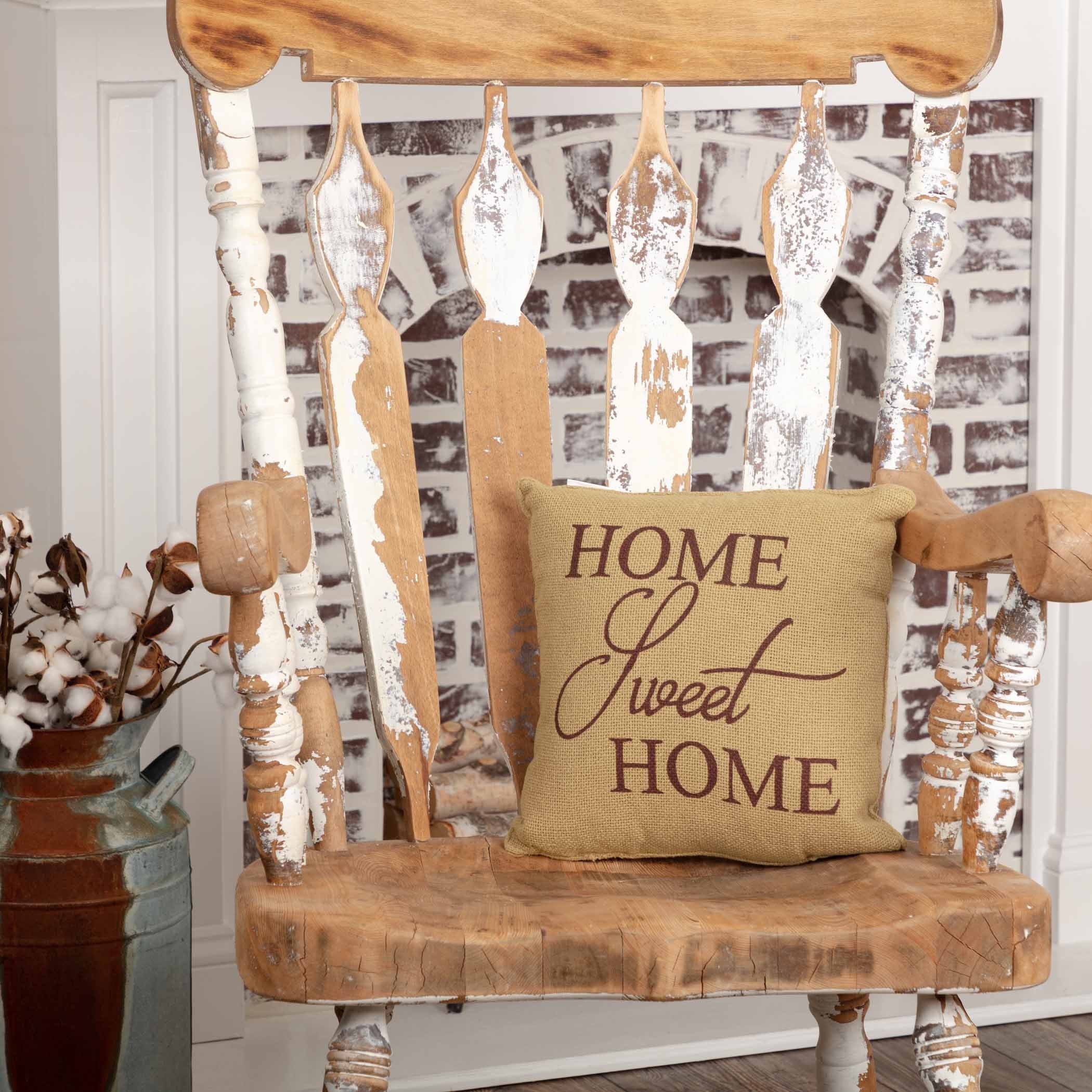 Natural Tan Cotton Burlap Home Sweet Home Square Pillow