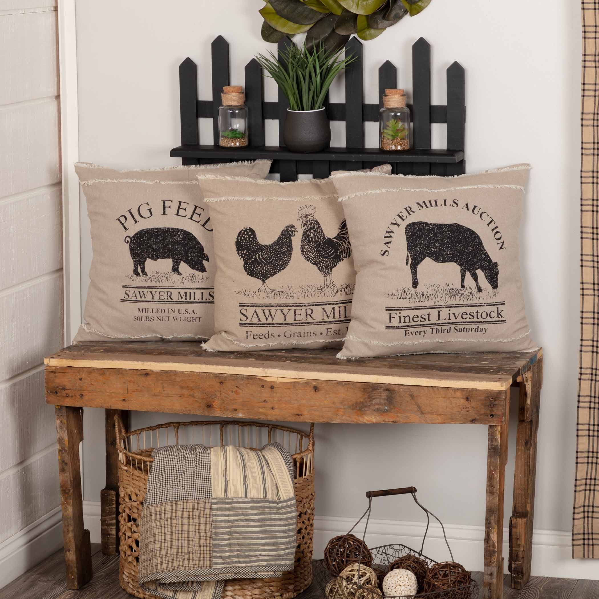 VHC Brands Farmhouse Pillows & Throws - Sawyer Mill Tan Cow 18" x 18" Pillow, 18x18, Charcoal Grey