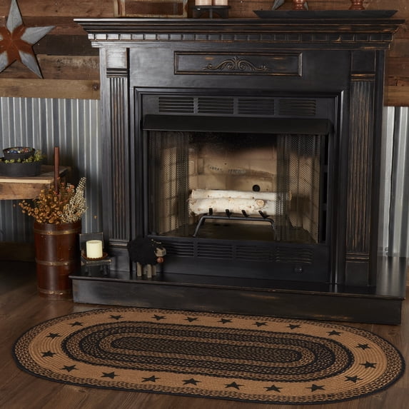 VHC Brands Farmhouse Primitive Black Jute Rug Oval Stencil Stars Border w/Pad 36"x60"