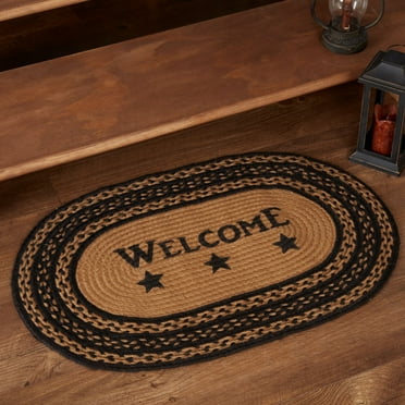 VHC Brands Farmhouse Primitive Jute Accent Rug Oval Stencil Stars Welcome w/Pad 20"x30"