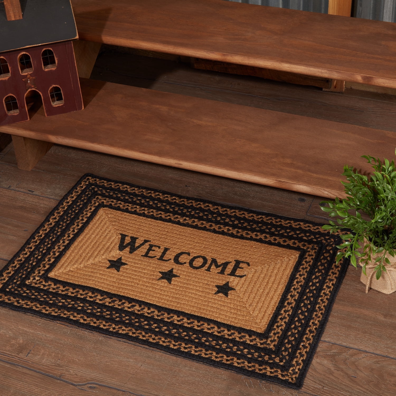 VHC Brands Farmhouse Primitive Jute Black Accent Rug Rect Stencil Stars Welcome w/ Pad 20"x30"
