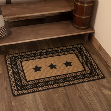 VHC Brands Farmhouse Primitive Jute Black Accent Rug Rectangle Stencil Stars w/Floor Pad 24"x36"