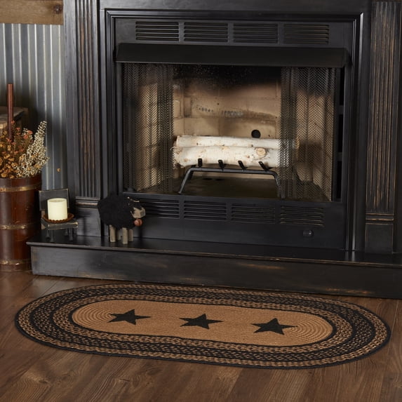 VHC Brands Farmhouse Primitive Jute Black Stenciled Stars Accent Rug Oval w/Floor Pad 27"x48"