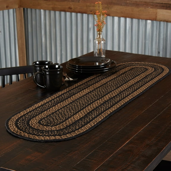 VHC Brands Farmhouse Primitive Jute Black Striped Oval Table Runner Decor 13"x48"