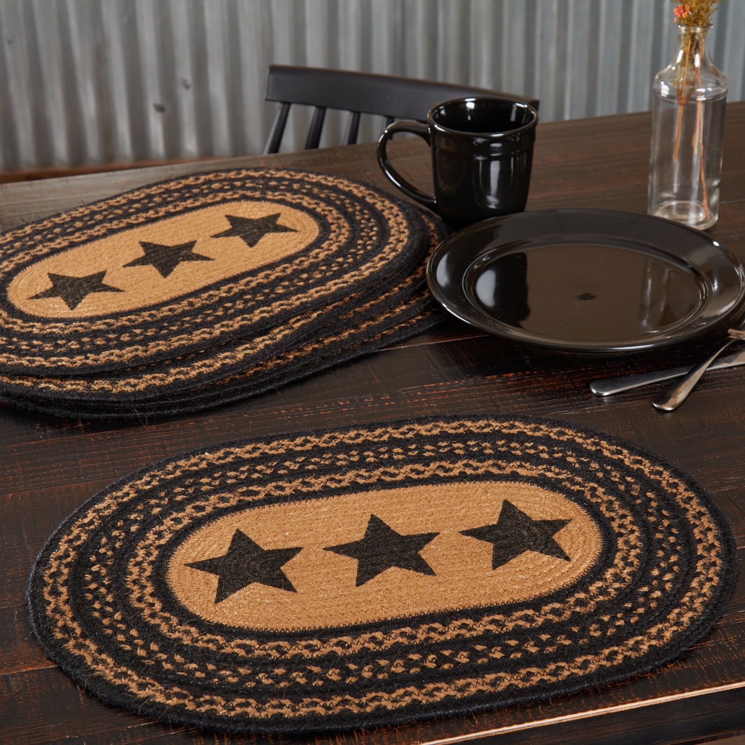 VHC Brands Farmhouse Primitive Jute Black Textured Kitchen Placemat Stencil Stars Set of 6 12"x18"