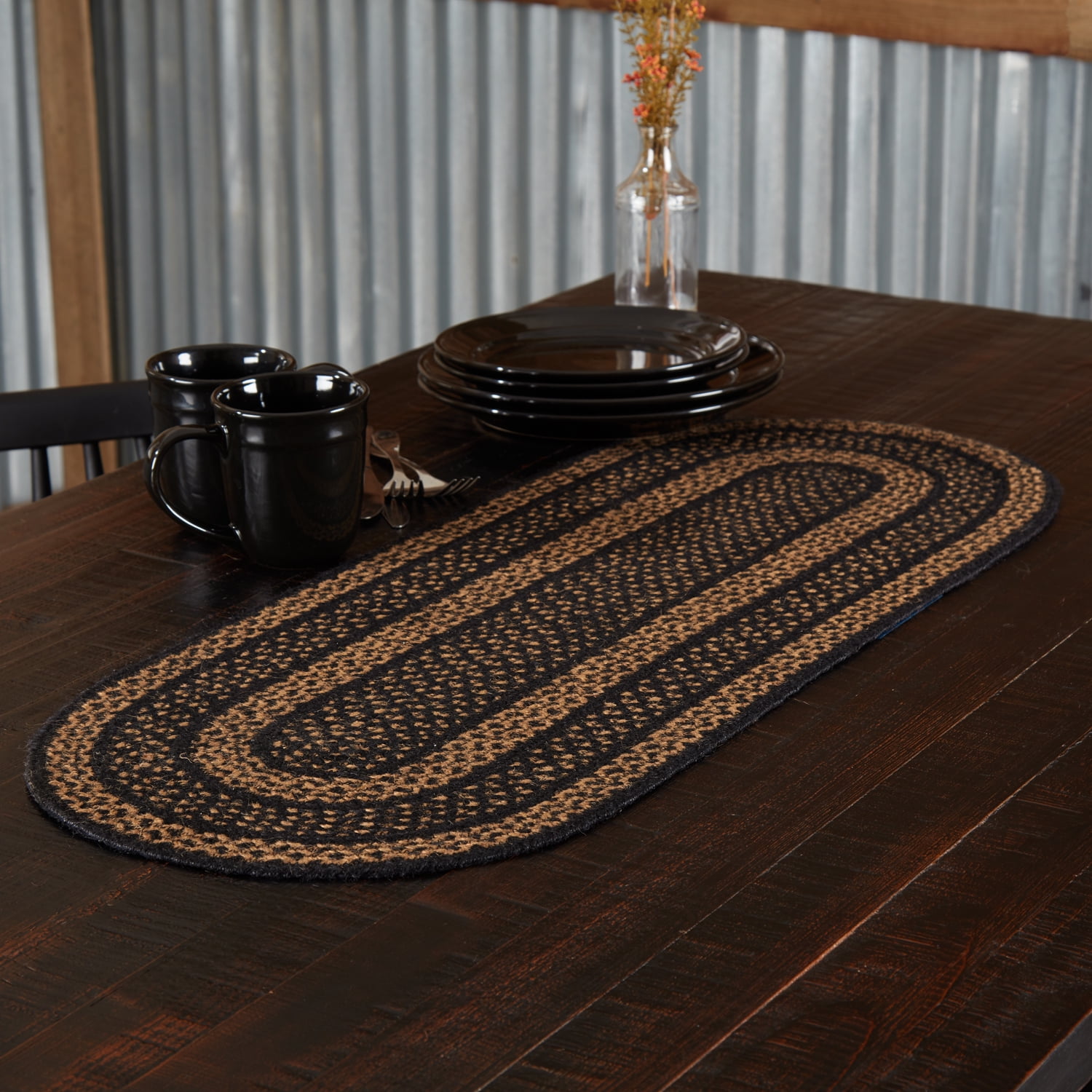 Rustic Black and Tan Jute Oval Table Runner 13" x 36"