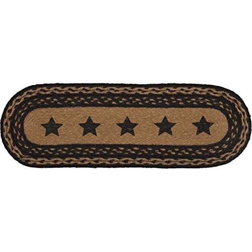 VHC Brands Farmhouse Primitive Jute Black Textured Table Runner Stencil Stars 8"x24"