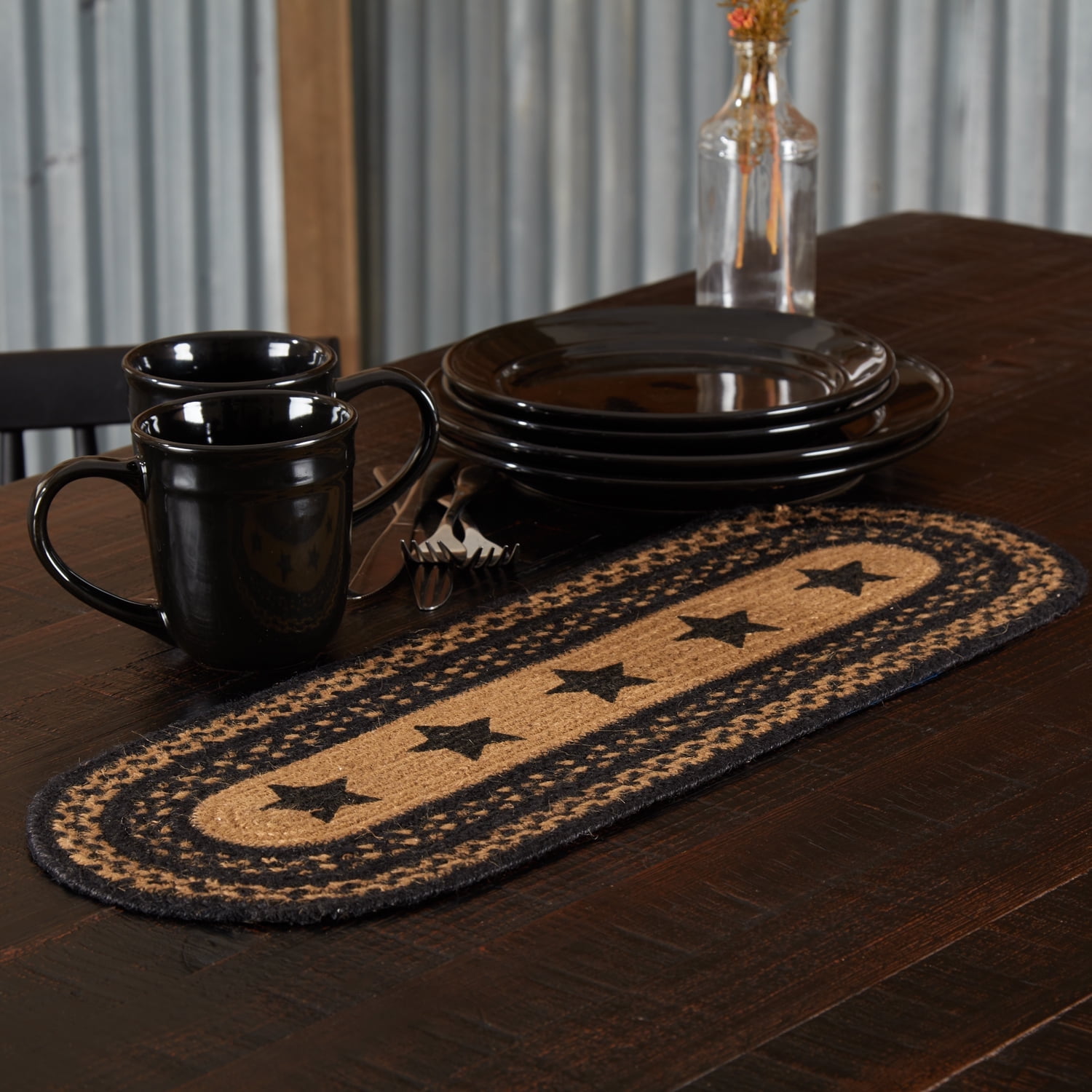 Farmhouse Black and Tan Jute Table Runner with Stencil Stars