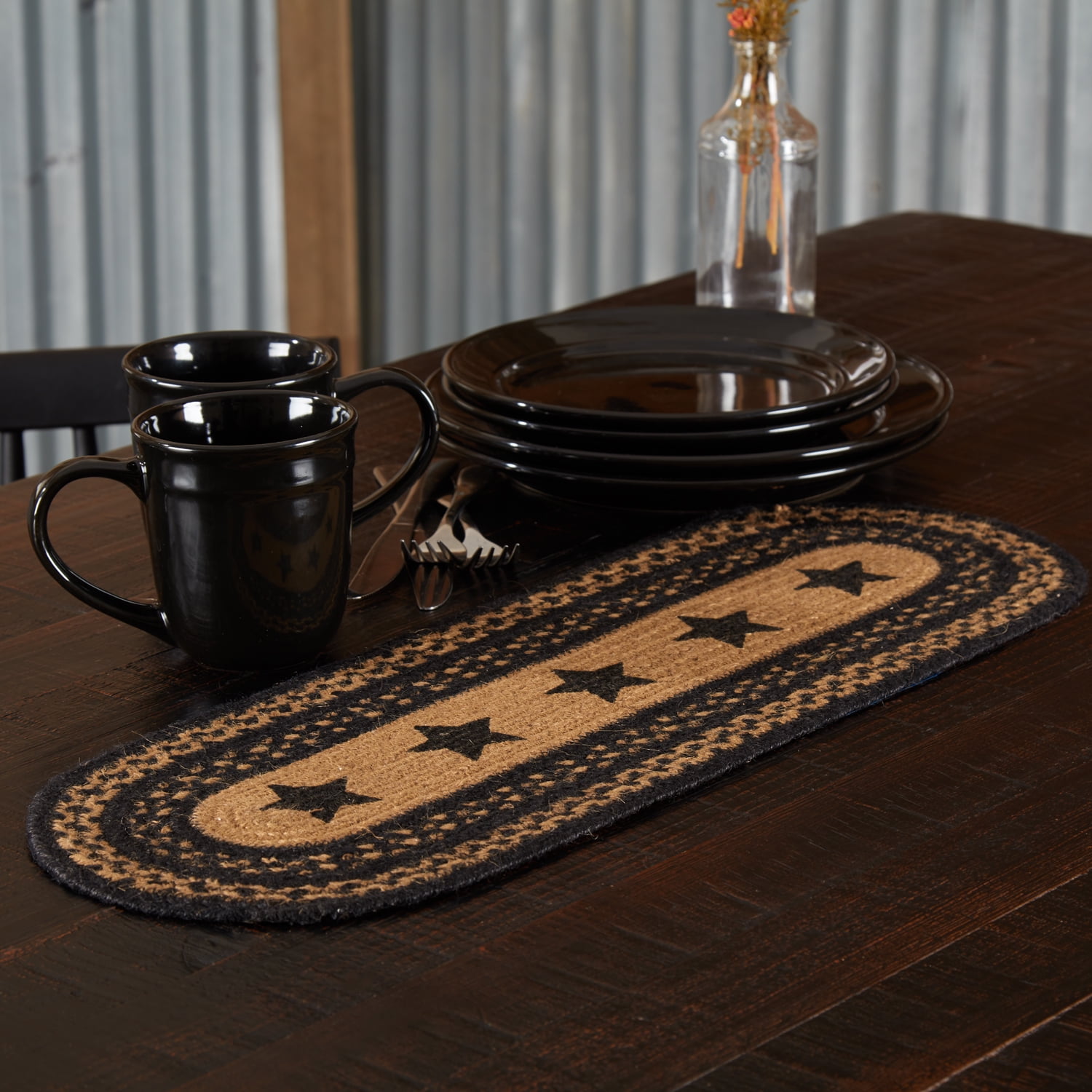 Farmhouse Black and Tan Jute Table Runner with Stencil Stars