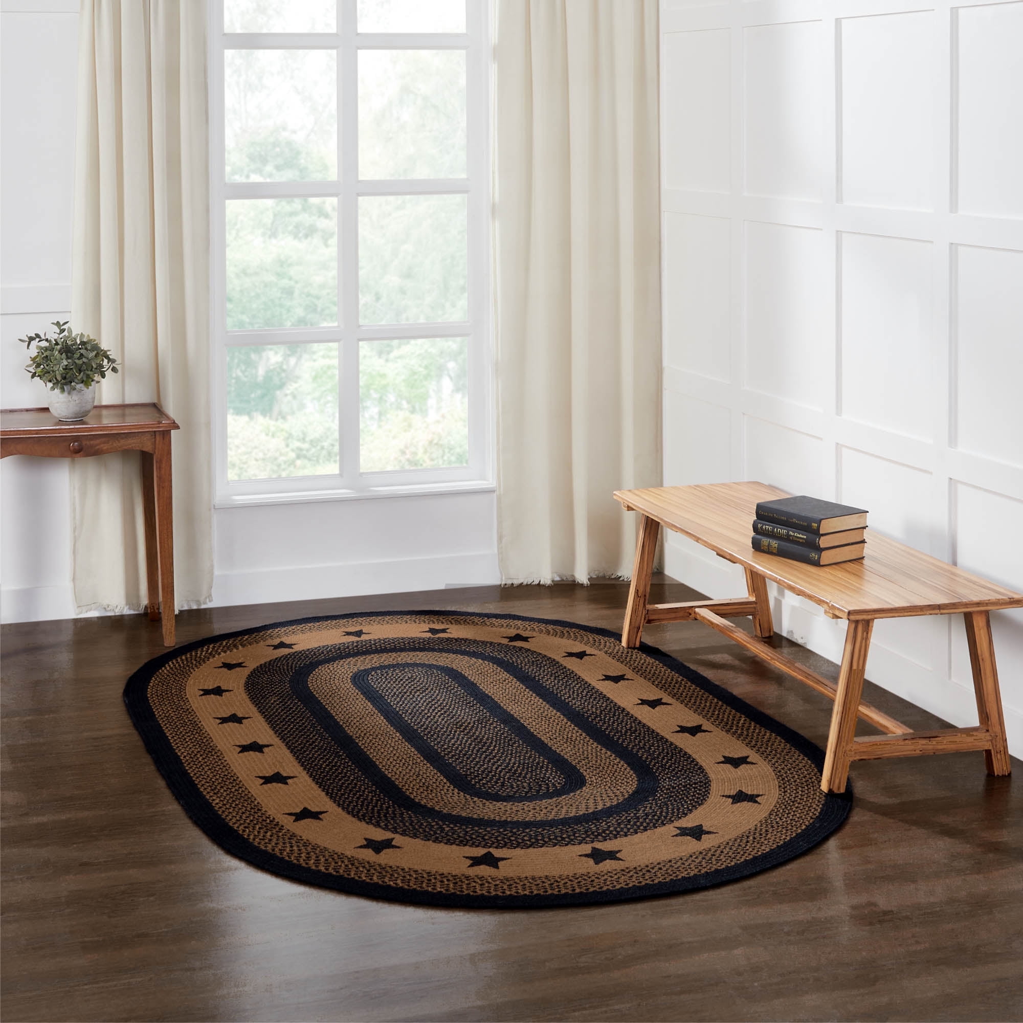 VHC Brands Farmhouse Star, Braided Jute Area Rug, Non-Skid Pad, Oval, Black Tan, 60x96