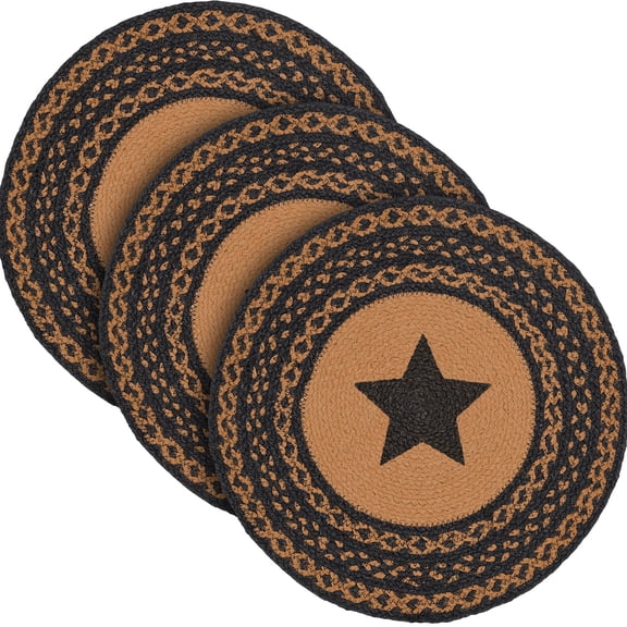 VHC Brands Farmhouse Star, Braided Jute Mat Trivet Placemat, Round, Black Tan, 15 inch, Set of 3