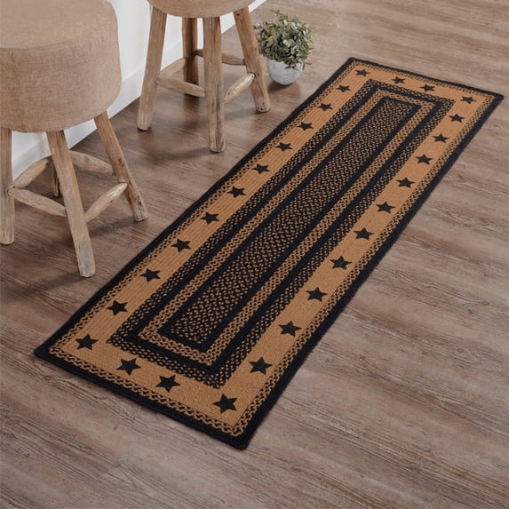 VHC Brands Farmhouse Star, Braided Jute Runner Rug, Non-Skid Pad, Rectangle, Black Tan, 24x78