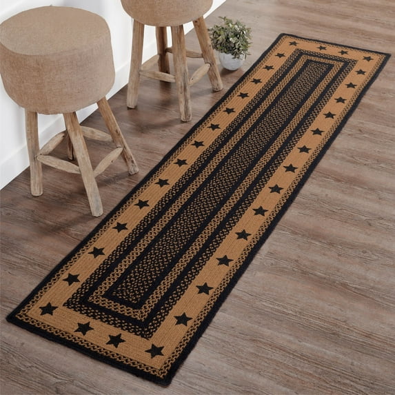 VHC Brands Farmhouse Star, Braided Jute Runner Rug, Non-Skid Pad, Rectangle, Black Tan, 24x96