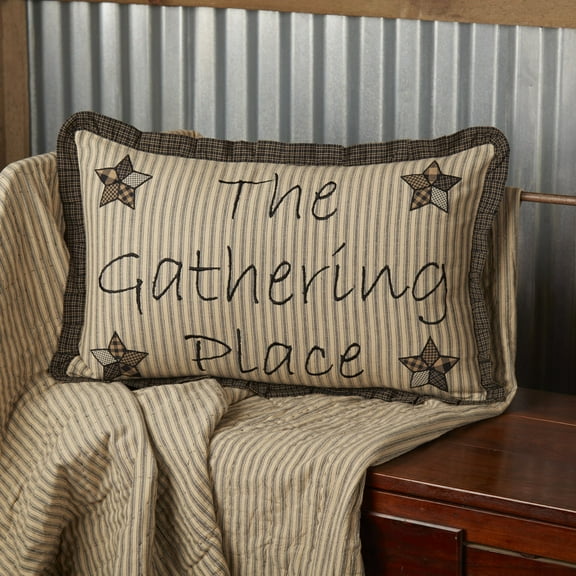 VHC Brands Farmhouse Star The Gathering Place Text Cotton Primitive Bedding Appliqued 22x14 Filled Pillow, Raven Black
