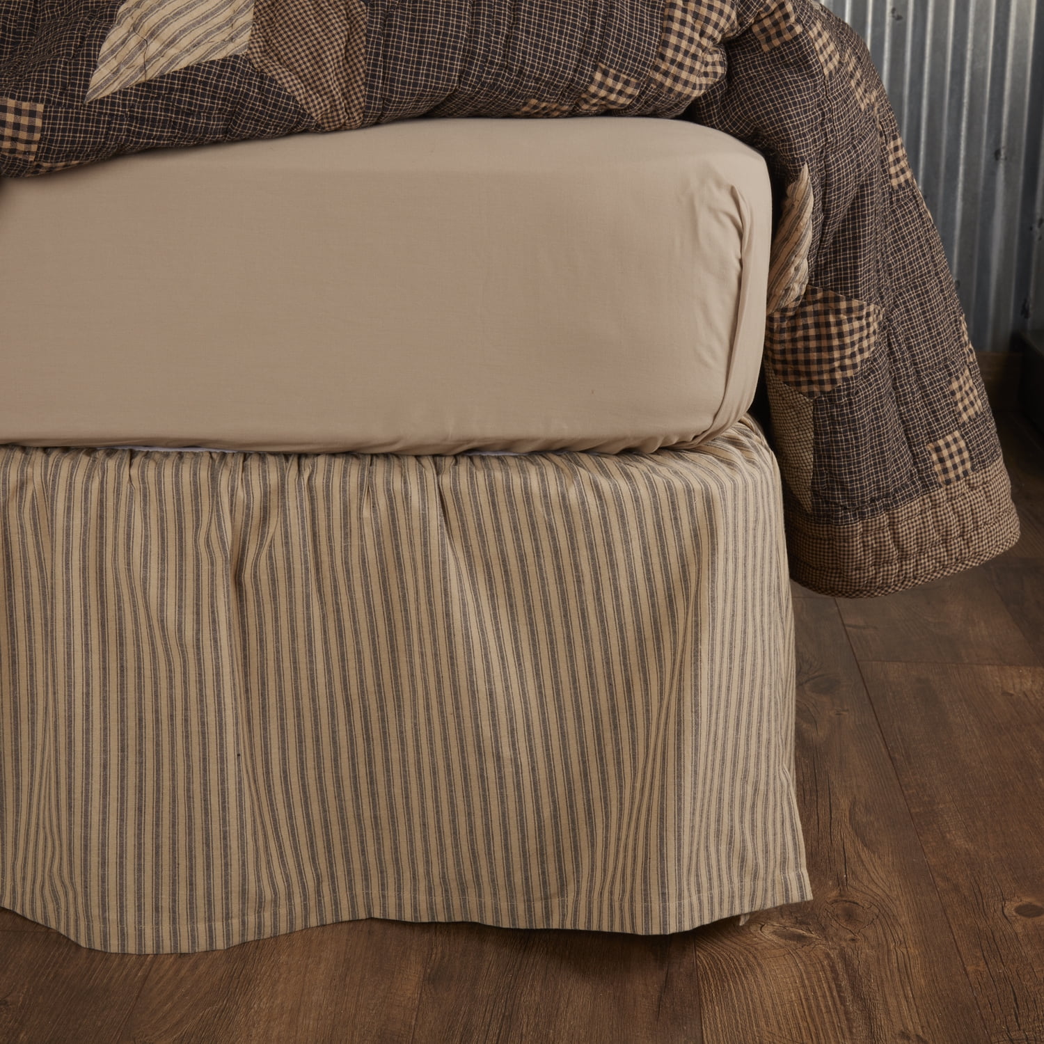 VHC Brands Farmhouse Star Ticking Striped Cotton Primitive Split Corners Gathered King Bed Skirt, Charcoal Black