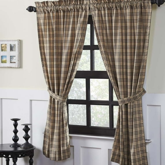 VHC Brands Farmhouse Window Curtains-Sawyer Mill Tan Panel Pair, One Size, Charcoal Black