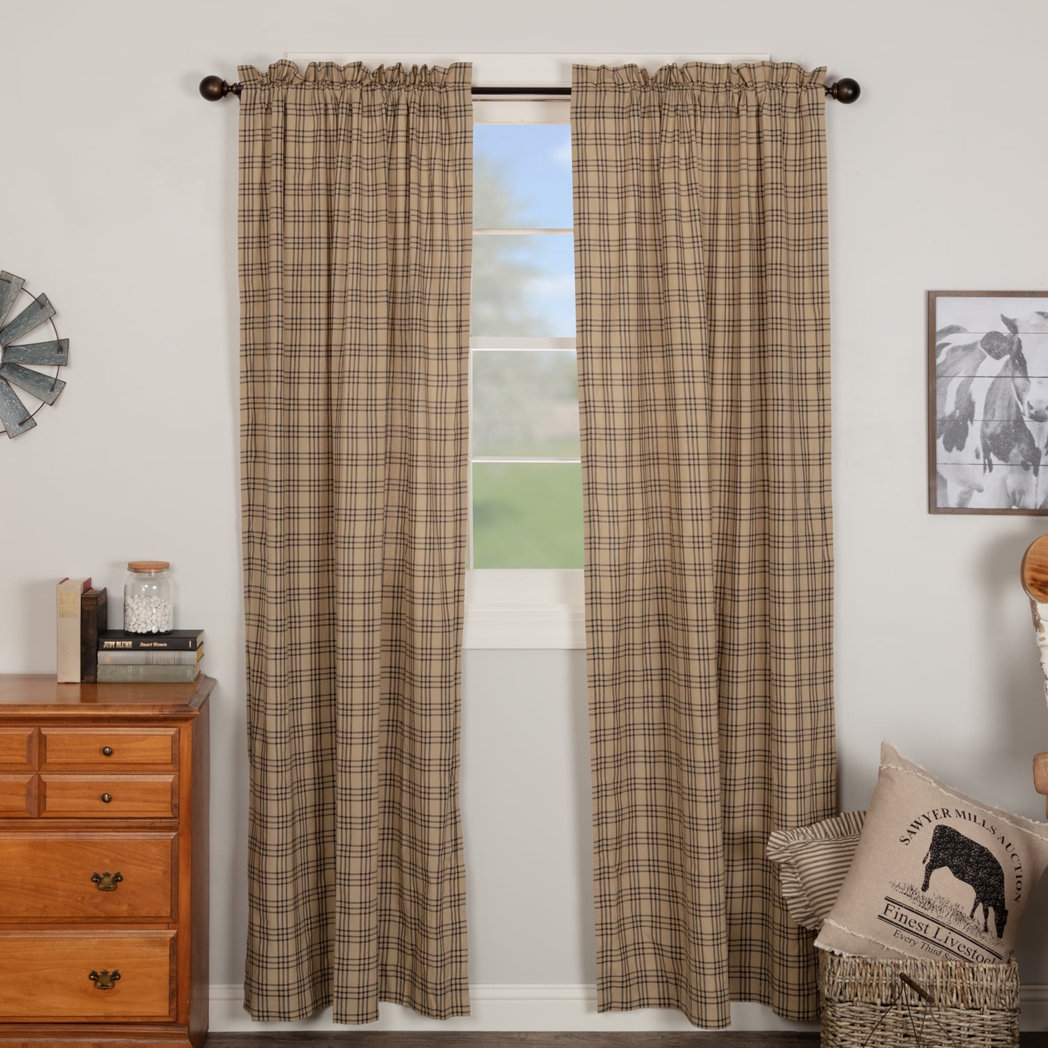 Sawyer Mill 84" Black and Tan Plaid Cotton Curtains