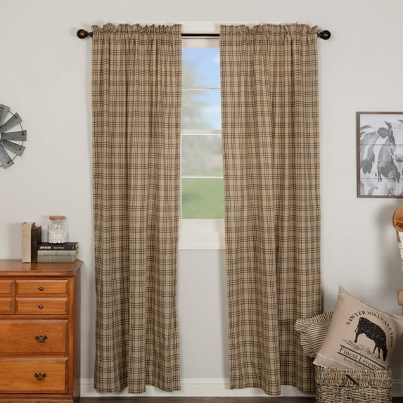 VHC Brands Farmhouse Window Curtains-Sawyer Mill Tan Panel Pair, One Size, Charcoal Black