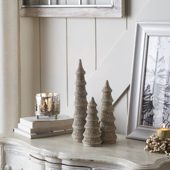 VHC Brands Feathered Finish Hand Turned Wooden Trees Set of 3 - 7/9/12 inch