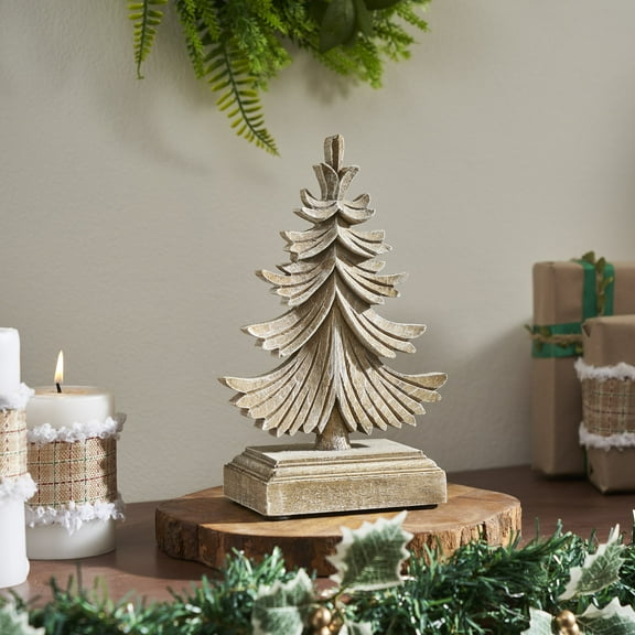VHC Brands Feathered Finish Winter Pine Wooden Tree 9.75x6.25x3.5