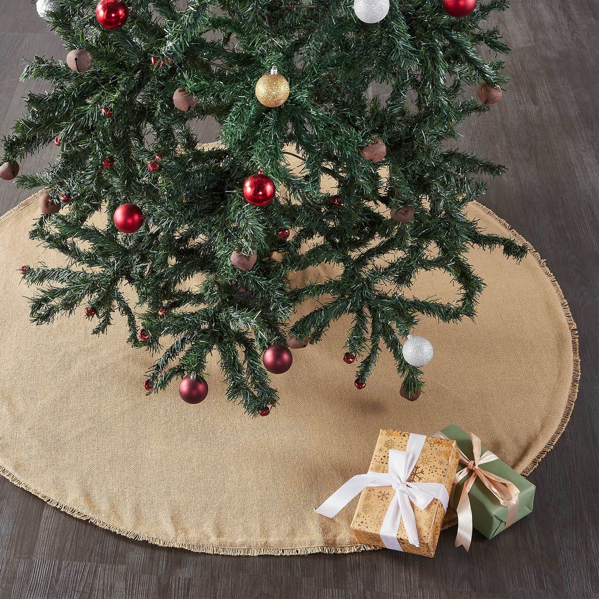 Natural Tan Burlap Cotton Farmhouse Christmas Tree Skirt, 48" Diameter