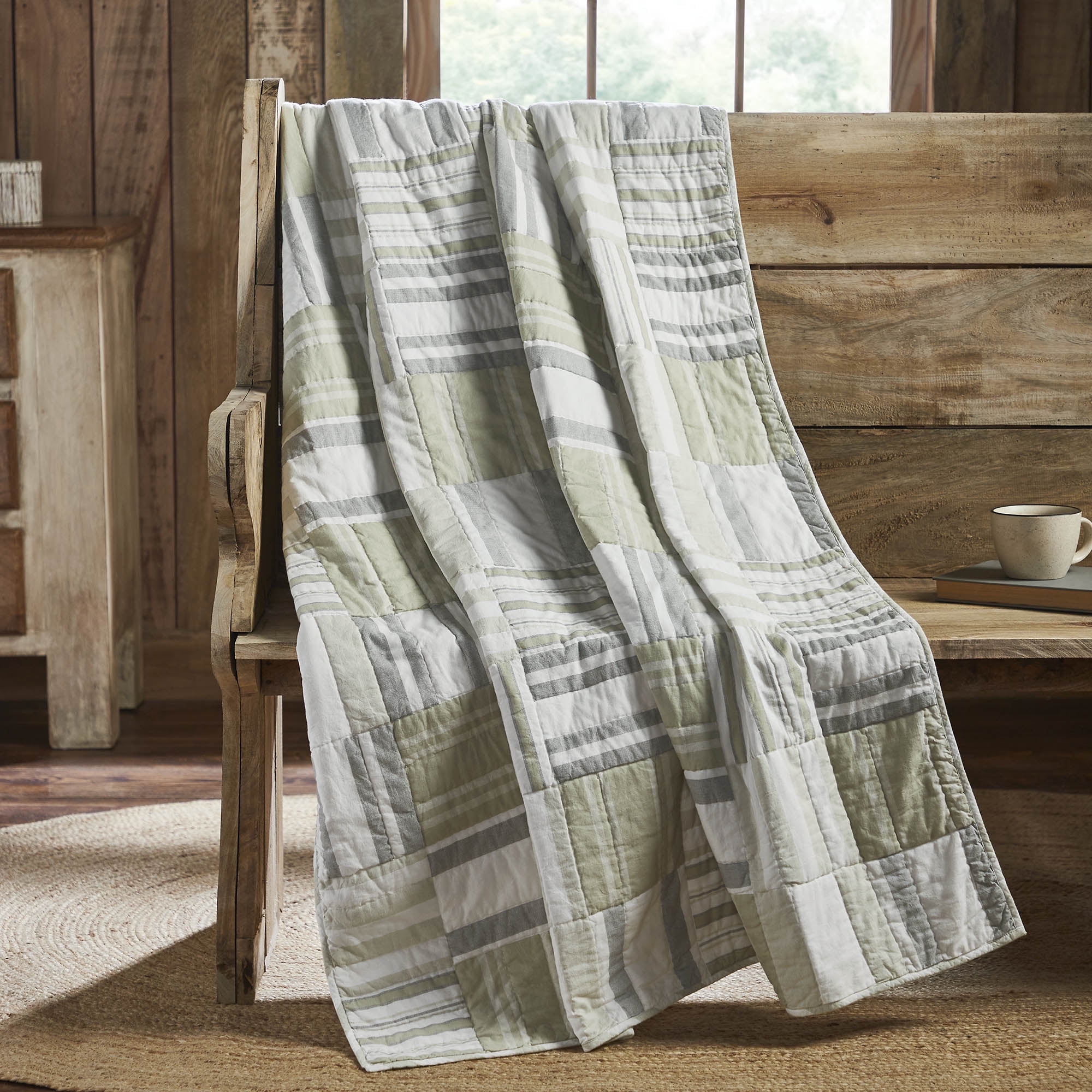 Soft White and Khaki Cotton Patchwork Throw Blanket