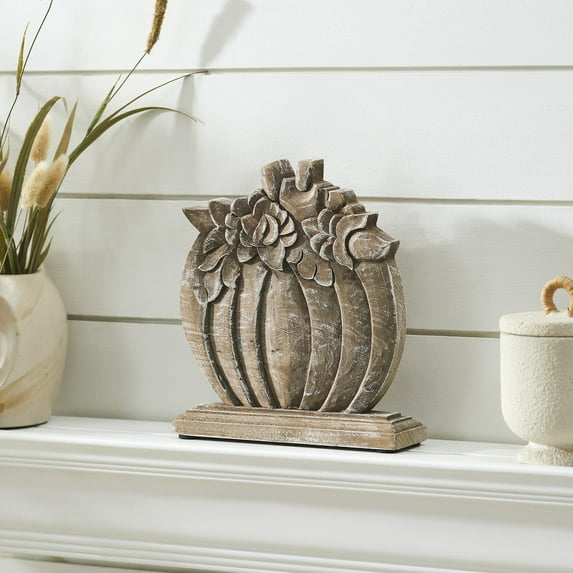 VHC Brands Floral Crown Carved Wooden Pumpkin, Fall and Halloween Home Decor for Tables and Shelves, Indoor Decorations for Tabletop Tan, Whitewash, 8x8.5