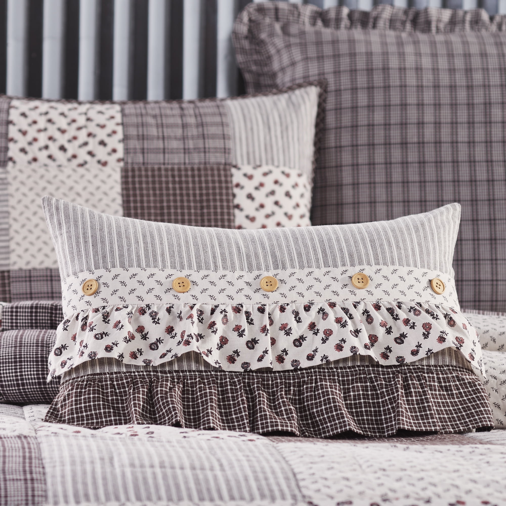 Florette 14x22 Brown Cotton Patchwork Ruffled Pillow
