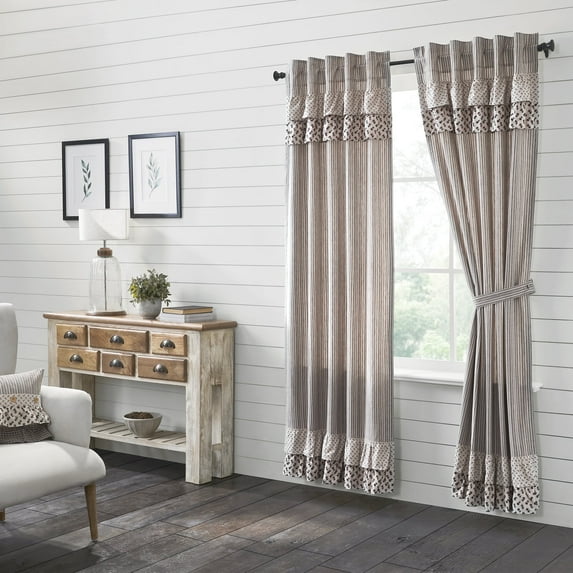 VHC Brands, Florette Ruffled Patchwork Curtain Panel, Brown, 84x40, Set of 2