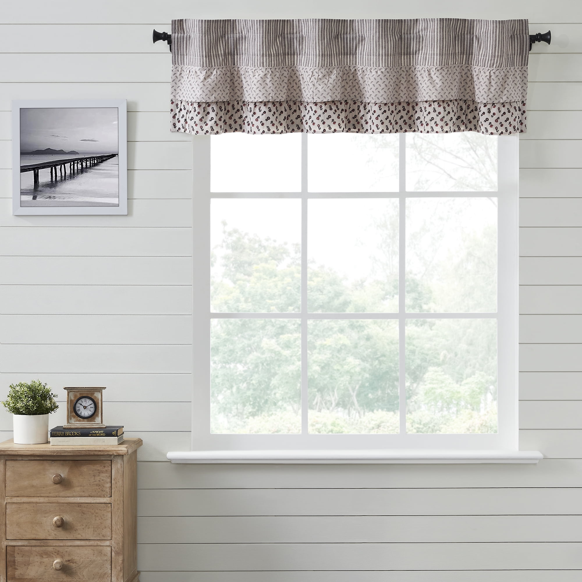 Florette Taupe and Brown Cotton Ruffled Patchwork Valance, 16x60