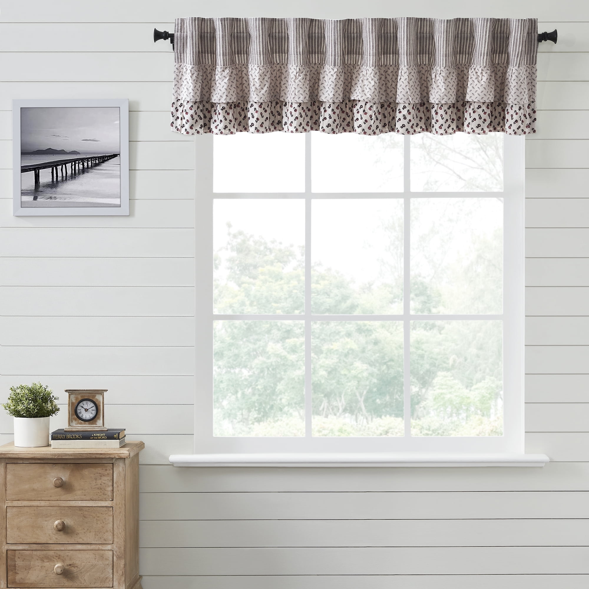 Florette 90" Wide Ruffled Patchwork Valance in Taupe and Brown